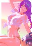  1girl bakemonogatari ball beachball bikini border breasts gold_bikini highres large_breasts long_braid long_hair monogatari_(series) multicolored_eyes navel parted_lips purple_hair rapa_rachi see-through_clothes see-through_shirt senjougahara_hitagi shirt solo stomach sunset swimsuit thighs tied_shirt two-tone_eyes wet wet_clothes wet_shirt white_border white_shirt 