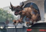  absurdres artist_name blue_skin bly_mead car claws colored_sclera colored_skin day digimon digimon_(creature) digimon_savers geogreymon highres horns motor_vehicle multicolored_skin open_mouth orange_sclera orange_skin sharp_teeth shiny_skin teeth tongue two-tone_skin 