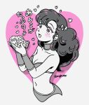  absurdres artist_name bikini blush breasts cleavage collarbone curly_hair food greyscale_with_colored_background heart highres holding holding_food holding_taiyaki long_hair looking_up mpkuts open_mouth pink_background ran_(urusei_yatsura) swimsuit taiyaki urusei_yatsura wagashi 