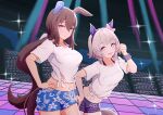  2girls :d absurdres admire_vega_(umamusume) agepan._(pangcha3324) animal_ears blue_shorts blush bow brown_hair clothes_writing concert curren_chan_(umamusume) ear_bow ear_covers from_side grey_hair hair_between_eyes hairband hand_on_hip highres horse_ears horse_girl horse_tail long_hair looking_at_viewer low_ponytail multiple_girls pink_bow purple_eyes purple_scrunchie purple_shorts scrunchie shirt short_hair shorts single_ear_cover smile t-shirt tail umamusume white_shirt wrist_scrunchie 