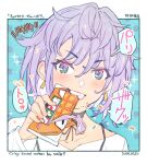  1girl bilingual_text black_choker black_ribbon blue_background border candy chocolate chocolate_bar choker collarbone colored_eyelashes colored_inner_hair commentary_request dated eating english_text food food_wrapper green_eyes grin holding holding_food light_blush lipstick long_sleeves makeup messy_hair mixed-language_text momiji_mao multicolored_hair neck_ribbon original outside_border pink_lips polka_dot polka_dot_background purple_hair ribbon shirt short_hair smile solo spaghetti_strap sparkle speech_bubble translation_request tsurime two-tone_hair upper_body white_border white_hair white_shirt 