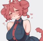  1girl ahoge alternate_breast_size animal_ears bare_shoulders black_shirt black_skirt black_sleeves blush breast_pocket breasts cat_ears cat_tail collared_shirt detached_sleeves dot_nose drill_hair grey_background hair_between_eyes heart highres kasane_teto kasane_teto_(utau) large_breasts looking_at_viewer parted_lips pocket red_eyes red_hair red_tail shirt simple_background skirt sleeveless solo tail twin_drills upper_body ur_(ur_o_) utau 