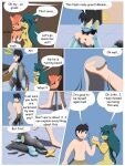 2016 3:4 absurd_res anthro_to_human bathroom black_body blue_body bottomwear breasts cindy_(swack16) clothed clothing colored comic costume countershading dialogue english_text female floor fur fursuit generation_1_pokemon generation_2_pokemon generation_4_pokemon goo_transformation green_body green_fur group hi_res human inside john_(swack16) kirara_(swack16) lina_(swack16) luxray male mammal melting motion_lines nintendo nude open_mouth orange_body pokemon pokemon_(species) quilava species_transformation speech_bubble standing tail text tile tile_floor topless transformation transformation_sequence trio vulpix white_body wolferion yellow_body