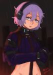  1girl absurdres artist_name beyond_citadel blush breasts collar crotch_strap dated gloves headset highres holding holster long_sleeves looking_at_viewer magazine_(weapon) martyr_(the_citadel) medium_breasts noy00713 purple_eyes purple_gloves purple_hair purple_shirt rain revealing_clothes shirt short_hair shoulder_holster solo the_citadel 
