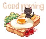  bacon bread bread_slice breakfast butter cat cherry_tomato commentary_request egg_(food) english_text food food_focus lettuce no_humans original simple_background suzaku_(zaku6584) toast tomato white_background 