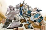  3boys armor beard black_horns boots bottle braid braided_ponytail brown_boots colored_skin drinking drinking_horn earrings facial_hair food grensen_the_honorless grey_hair grey_skin horns jewelry long_sleeves male_focus multiple_boys muscular muscular_male mustache old old_man pixiv_fantasia pixiv_fantasia_last_saga ponytail sitting sou-_-you thick_eyebrows white_hair yar_(pixiv_fantasia_last_saga) 