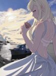  1girl back backless_dress backless_outfit bare_shoulders blonde_hair blue_eyes blurry blurry_background boat closed_mouth cloud day dress enelous floating_hair food from_behind gigi_andalusia gundam gundam_hathaway&#039;s_flash highres holding holding_ice_cream_cone ice_cream ice_cream_cone long_hair looking_at_viewer looking_to_the_side outdoors photo_background profile shoulder_blades sideways_glance sky sleeveless sleeveless_dress solo tan tanlines water watercraft white_dress 