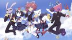  &gt;_&lt; 2boys 4girls aida_(aidacamelia0516) alternate_art_style animal_ears asymmetrical_gloves asymmetrical_legwear backpack bag black_pants black_suit blue_bow blue_eyes blue_necktie blue_skirt blush_stickers bow bowtie bread bread_slice brown_hair button_eyes buttons closed_eyes cloud colored_skin colored_teeth comedy_and_tragedy_masks commentary cross food food_in_mouth full_body gangle_(the_amazing_digital_circus) gloves hair_bow hat highres holding jax_(the_amazing_digital_circus) jester_cap k-on! kinger_(the_amazing_digital_circus) kirara_jump long_sleeves mary_janes mismatched_gloves mismatched_legwear mouth_hold multicolored_bow multicolored_bowtie multicolored_eyes multiple_boys multiple_girls necktie out_of_frame outdoors pants pleated_skirt pomni_(the_amazing_digital_circus) purple_shoes rabbit_boy ragatha_(the_amazing_digital_circus) red_eyes red_gloves red_hair school_uniform shirt shoes short_hair short_sleeves skirt sky striped_clothes striped_headwear suit sweatdrop the_amazing_digital_circus thighhighs toast toast_in_mouth twitter_username two-tone_eyes white_shirt white_skin yellow_gloves yellow_teeth zooble_(the_amazing_digital_circus) 