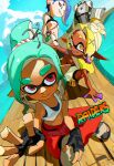  3girls absurdres bare_shoulders big_man_(splatoon) big_man_(splatoon_raiders)_(splatoon) black_bra black_gloves black_shorts blonde_hair blue_hair bra bra_peek cephalopod_eyes chinese_commentary closed_mouth colored_extremities colored_eyelashes commentary_request copyright_name crop_top crossed_legs dark-skinned_female dark_skin earrings fangs fingerless_gloves freckles frye_(splatoon) frye_(splatoon_raiders)_(splatoon) gloves gradient_hair grin hair_bun hair_over_one_eye highres horizontal_pupils inkling inkling_girl inkling_player_character jewelry long_eyelashes long_pointy_ears looking_at_viewer mechanic_(splatoon_raiders) midriff miniskirt multicolored_hair multiple_girls navel octoling official_alternate_costume one_eye_covered open_mouth orange_eyes pants parted_bangs pointy_ears purple_hair red_eyes red_pants shawl shirt shiver_(splatoon) shiver_(splatoon_raiders)_(splatoon) shoes short_hair shorts shorts_under_skirt single_hair_bun sitting skirt smile splatoon_(series) splatoon_raiders tentacle_hair thick_eyebrows underwear white_shirt white_shoes white_skirt xie_di_na_hua_er yellow_shawl 