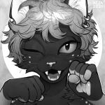  1:1 2021 anthro artist_name azuza bust_portrait dated ear_piercing ear_ring fangs felid female front_view hair looking_at_viewer mammal messy_hair monochrome one_eye_closed open_mouth open_smile piercing portrait ring_piercing short_hair smile solo teeth whiskers 