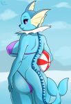  anthro ball beach beach_ball big_breasts big_butt bikini blue_body blush breasts butt clothed clothing cute_fangs digital_media_(artwork) dorsal_ridge eeveelution erraticavulnine female fin generation_1_pokemon hand_on_hip hi_res holding_ball holding_object inflatable looking_at_viewer looking_back nintendo outside pokemon pokemon_(species) purple_clothing purple_eyes rear_view scalie seaside side_boob simple_background skimpy smile solo standing swimwear tail teeth thick_thighs vaporeon wide_hips 