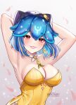  1girl absurdres armpits arms_up bao_(vtuber) blue_hair breasts choker cleavage earrings falling_petals hat highres indie_virtual_youtuber inntary jewelry large_breasts pendant petals playboy_bunny red_eyes sideboob solo virtual_youtuber 