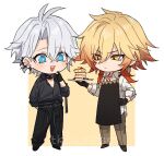  2boys apron black_apron black_gloves black_pants black_shirt blue_eyes braid brown_pants closed_mouth food full_body gloves gradient_hair grey_hair honkai:_star_rail honkai_(series) male_focus medium_hair multicolored_hair multiple_boys mydei_(honkai:_star_rail) open_mouth orange_hair pancake pancake_stack pants phainon_(fashion)_(honkai:_star_rail) phainon_(honkai:_star_rail) red_tattoo shirt short_hair smile teeth tofu_(bean359) upper_teeth_only white_shirt yellow_eyes yellow_pupils 