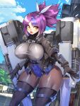  1girl :d black_boots black_gloves black_jacket black_thighhighs blue_hair blue_leotard blue_sky blunt_bangs bodysuit boots bracer breasts building bulgasari_(last_origin) chest_strap city cloud covered_nipples day gloves grey_leotard hair_ribbon highres impossible_bodysuit impossible_clothes impossible_leotard jacket large_breasts last_origin leotard light_particles looking_at_viewer multicolored_hair multicolored_leotard outdoors pantyhose pile_bunker pixiv_id pixiv_username plant ponytail purple_hair ribbon road signature sky skyscraper smile solo spiked_hair streaked_hair street thick_thighs thigh-boots thigh_strap thighhighs thighs tree twitter_username two-tone_hair two-tone_leotard umigarasu_(kitsune1963) underbust white_ribbon wide_hips yellow_eyes 