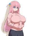  1girl black_skirt blue_eyes blush bocchi_the_rock! breasts cube_hair_ornament fanged_bangs flying_sweatdrops gotoh_hitori hair_between_eyes hair_ornament hands_in_pockets highres huge_breasts implied_erection implied_futanari jacket long_hair long_sleeves one_side_up open_mouth pink_hair pink_jacket shaded_face shirogane_hakuba simple_background skirt solo track_jacket white_background 