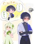  1boy 1girl antenna_hair arm_at_side belt black_belt black_bodysuit black_bow black_bridal_gauntlets black_hair black_shorts blunt_ends blush bodysuit border bow bridal_gauntlets cape clenched_hand closed_mouth crossed_arms dress embarrassed eyelashes furisode genshin_impact green_dress green_eyes grey_hair hand_on_own_arm hand_on_own_chest hands_up highres index_finger_raised japanese_clothes kimono long_hair looking_to_the_side mandarin_collar multicolored_hair nahida_(genshin_impact) nero_hanken open_clothes open_kimono pointy_ears purple_cape purple_eyes purple_hair purple_sash sash scaramouche_(genshin_impact) short_sleeves shorts side_ponytail sidelocks sleeveless sleeveless_dress smile sparkle spoken_character squiggle streaked_hair tareme tsurime wanderer_(genshin_impact) watermark white_border white_kimono white_sleeves wispy_bangs yellow_background 