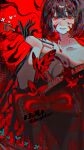  1girl absurdres alternate_costume black_gloves black_hair black_kimono blood blood_on_face bngb_love bob_cut breasts bug butterfly cleavage gloves highres holding holding_smoking_pipe japanese_clothes kimono limbus_company long_sleeves looking_at_viewer project_moon red_background red_butterfly red_eyes ryoshu_(project_moon) short_hair simple_background smile smoking_pipe solo upper_body 