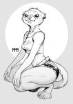  2022 anthro artist_name azuza blep bottomwear cheek_tuft chest_tuft clothed clothing crouching dated ear_piercing ear_ring facial_tuft female full-length_portrait glistening glistening_eyes gulonine head_tuft hi_res inner_ear_fluff looking_at_viewer mammal marten monochrome mustelid musteline neck_tuft piercing portrait ring_piercing simple_background solo tongue tongue_out topwear tuft 