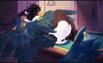 absurd_res anthro anus avian ballhawk balls billiard_table bird blue_anus butt corvid dragon ekagos exhibitionism feathered_tail feathers furniture genitals gindrax_landrius hair hi_res horn hybrid looking_back magpie_(corvid) male mythological_creature mythological_scalie mythology nonbinary_(lore) nude oscine passerine presenting presenting_hindquarters scalie solo spread_wings table tail wings