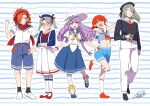  ;d absurdres bare_arms bare_shoulders beret binoculars black_hat black_shirt black_shoes black_socks blue_eyes blue_sailor_collar blue_shirt blue_shoes blue_shorts blush braid character_request closed_mouth crop_top green_eyes grey_hair grin hair_over_one_eye hand_up hat highres holding kneehighs long_hair midriff monk_(sekaiju) monk_4_(sekaiju) navel neck_ribbon nikki_kyousuke nose_blush one_eye_closed orange_hair pants pleated_skirt purple_eyes purple_hair red_eyes red_ribbon red_shoes ribbon ringlets sailor_collar sekaiju_no_meikyuu shirt shoes short_twintails shorts signature single_braid skirt sleeveless sleeveless_shirt smile socks sovereign_(sekaiju) sovereign_4_(sekaiju) standing standing_on_one_leg striped_background striped_clothes striped_shirt suspender_skirt suspenders twintails very_long_hair white_pants white_sailor_collar white_shirt white_shoes white_skirt white_socks 