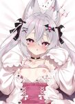  1girl :o animal_ear_fluff animal_ears bare_shoulders bat_hair_ornament bed_sheet black_bow black_choker blush bow bow_bra bra bra_lift breasts bright_pupils cardigan choker collarbone commentary_request commission dakimakura_(medium) fox_ears grey_hair hair_between_eyes hair_bow hair_ornament hairclip heart heart_hair_ornament high-waist_skirt highres jacket jirai_kei karin_(vrchat) long_hair long_sleeves looking_at_viewer lying mashirokuro multicolored_hair nipples o-ring o-ring_choker off_shoulder on_back open_cardigan open_clothes open_jacket open_mouth open_shirt panties parted_lips pink_bra pink_eyes pink_hair pink_skirt puffy_long_sleeves puffy_sleeves red_eyes shimo_(shimo332215) shirt skeb_commission skirt sleeves_past_fingers sleeves_past_wrists small_breasts solo streaked_hair striped_bra striped_clothes striped_panties twintails underwear upper_body vertical-striped_clothes vrchat white_jacket white_pupils white_shirt x_hair_ornament 