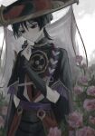  1boy arm_at_side armor black_bodysuit black_butterfly black_eyes black_hair black_hat black_kimono black_sleeves blood_on_flower blunt_ends bodysuit bug butterfly butterfly_on_hand closed_mouth empty_eyes eyelashes eyeliner eyeshadow flower frilled_sleeves frills furisode genshin_impact gold gold_trim grey_veil hair_between_eyes hand_up hat highres japanese_armor japanese_clothes jewelry jingasa juban kimono kote kurokote layered_sleeves leaf makeup male_focus mandarin_collar mitsudomoe_(shape) neck_ring o-ring open_clothes open_kimono outdoors overcast painterly pink_flower pink_rose purple_rope purple_sash purple_sleeves red_eyeliner red_eyeshadow red_hat red_kimono red_sash rope rose sash scaramouche_(genshin_impact) shimenawa short_sleeves single_sode sky solo tomoe_(symbol) two-tone_hat upper_body veil white_kimono white_rope yoruli_e 