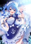  1girl :d anchor anchor_symbol bangs blue_bow blue_dress blue_eyes blue_footwear blue_hair blue_nails blue_ribbon blurry blurry_background bow breasts commentary_request cosplay depth_of_field dress frilled_dress frills hair_between_eyes hair_ribbon hands_up high_heels hololive hoshimachi_suisei maid_headdress mauve minato_aqua minato_aqua_(cosplay) nail_polish ribbon side_ponytail sidelocks small_breasts smile solo standing standing_on_one_leg underwear virtual_youtuber wrist_cuffs 
