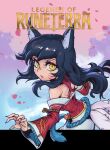  1girl ahri_(league_of_legends) animal_ears bangs bare_shoulders black_hair breasts facial_mark fox_ears fox_tail from_side league_of_legends legends_of_runeterra long_hair long_sleeves looking_at_viewer multicolored_background parted_lips petals phantom_ix_row solo tail teeth upper_body 