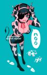  1girl animal_ears animal_print artist_name bell black_choker black_hair breasts chainsaw_man choker claireiosity cleavage cow cow_horns cow_print cow_tail cowbell elbow_gloves eyepatch fake_animal_ears fake_tail footprints gloves hairband halftone highres himeno_(chainsaw_man) horns horns_pose large_breasts looking_at_viewer open_mouth short_hair simple_background smile solo speech_bubble tail thighhighs 
