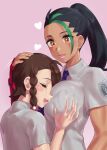  2girls :d bangs black_hair blush braid breast_grab breast_pocket brown_hair closed_eyes collared_shirt commentary_request eyelashes fingerless_gloves gloves grabbing green_hair grey_shirt hand_on_another&#039;s_head hand_up heart highres juliana_(pokemon) logo lower_teeth_only mizuumi_(bb) multicolored_hair multiple_girls necktie nemona_(pokemon) open_mouth orange_eyes pocket pokemon pokemon_(game) pokemon_sv ponytail red_gloves shirt short_sleeves smile streaked_hair teeth two-tone_hair upper_body 