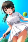  1girl ball blue_sky blurry blush breasts brown_eyes brown_hair collared_dress day depth_of_field dress dutch_angle frilled_panties frills highres matsunaga_kouyou nose_blush open_mouth original outdoors panties pantyshot racket short_hair short_sleeves sky small_breasts solo sportswear sweat teeth tennis_ball tennis_net tennis_racket tennis_uniform thighs twintails underwear upper_teeth_only white_dress 