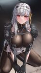  1girl absurdres armor blush bodysuit breasts fingerless_gloves gloves goddess_of_victory:_nikke grey_hair hair_ribbon hairband highres kneeling large_breasts long_hair looking_at_viewer modernia_(nikke) red_eyes ribbon shoulder_armor signature skin_tight solo white_hairband yabacha yellow_ribbon 