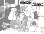 2015 4_fingers absurd_res ambiguous_gender ambiguous_humanoid anthro appliance aval0nx avery_(skullgirls) avian barefoot beak big_hands bird black_eyes black_text bomb_humanoid clitoris clothing covering covering_crotch covering_own_crotch covering_self cybernetic_arm cybernetic_eye cybernetic_leg cybernetic_limb cybernetics dialogue digital_drawing_(artwork) digital_media_(artwork) ellipsis english_text exclamation_point eyelashes feathers feet female female_anthro female_human fingers flat_chested footwear fuse galliform genitals george_(skullgirls) gloves greyscale group hair handwear hi_res holding_clothing holding_object holding_panties holding_underwear holding_with_two_hands human humanoid humanoid_genitalia humanoid_vulva laundry laundry_basket laundry_machine lenny_(skullgirls) living_bomb machine mammal metal_teeth monochrome navel nipples nude nude_anthro nude_female open_mouth panties peacock_(skullgirls) peafowl phasianid pupils sharp_teeth shoes skullgirls small_nose standing tail_eye teeth text tongue underwear vulva washing_machine