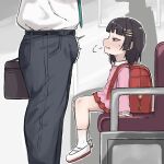  1boy 1girl backpack bag black_eyes black_hair bulge closed_mouth commentary_request derivative_work erection erection_under_clothes hair_ornament hairclip height_difference highres indoors kindergarten_uniform long_sleeves medium_hair miniskirt original pink_shirt pleated_skirt randoseru red_bag red_skirt shirt shoes sitting skirt socks train_interior uwabaki white_socks zlix0n 