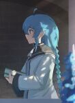  1girl absurdres ahoge black_capelet blue_eyes blue_hair blush book braid capelet daimaou_cc dress english_commentary from_outside from_side highres holding holding_book long_braid long_hair long_sleeves mushoku_tensei profile roxy_migurdia solo stone_wall twin_braids upper_body very_long_hair white_dress 