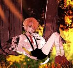  1960s_(style) 1970s_(style) 1boy aged_down animal bad_id bad_pixiv_id bishounen black_shorts blonde_hair danny_(jojo) dio_brando dog forest heart jojo_no_kimyou_na_bouken male_focus nature phantom_blood retro_artstyle shirt short_shorts shorts solo tree 