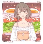  1girl bare_shoulders bilingual_text border box brown_hair collarbone commentary_request dated english_text eyelashes food food-themed_background green_eyes happy hardboiled_egg heart holding holding_box lace-trimmed_shirt lace_trim lettuce light_blush lipstick long_sleeves looking_at_viewer makeup mixed-language_text momiji_mao off-shoulder_shirt off_shoulder original parted_lips pink_lips puffy_long_sleeves puffy_sleeves ribbon sandwich shirt short_hair smile solo spaghetti_strap sparkle tomato tomato_slice translation_request upper_body white_border white_ribbon white_shirt 