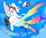 3_legs absurd_res ambiguous_gender band-aid band-aid_on_face band-aid_on_nose bandage bandage_on_face bandage_on_nose cracklewink cutie_mark electricity equid equine eye_scar eyewear eyewear_on_head facial_scar feathered_wings feathers feral friendship_is_magic fur goggles goggles_on_head hair hasbro heterochromia hi_res hooves lightning mammal missing_leg multicolored_body multicolored_fur multicolored_tail my_little_pony mythological_creature mythological_equine mythology open_mouth pegasus prosthetic prosthetic_leg prosthetic_limb rainbow_body rainbow_dash_(mlp) rainbow_fur rainbow_tail rainbow_wings redesign scar solo tail white_body white_fur white_hair wings