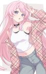  1girl arm_up bang_dream! bang_dream!_it&#039;s_mygo!!!!! black_choker blue_pants blush breasts chihaya_anon choker commentary e20 english_commentary grey_eyes heart heart_choker highres jacket long_hair looking_at_viewer medium_breasts midriff navel open_clothes open_jacket open_mouth pants pink_hair pink_jacket solo tank_top v white_tank_top 
