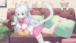  1girl absurdres ahoge animal_ear_fluff animal_ears bandaid barefoot bell blue_eyes braid cat cat_ears cat_girl cellphone couch feet food grey_hair hair_ornament highres indie_virtual_youtuber jingle_bell legs long_hair lying miniskirt mouth_hold nekomusume on_stomach phone pillow pink_skirt plant popsicle potted_plant ribbon shirakami_isuzu shirt single_thighhigh skirt smartphone soles solo thighhighs thighs toes virtual_youtuber white_shirt white_thighhighs 