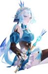  1girl arinyawa black_thighhighs blue_dress blue_eyes blue_hair bra breasts cane cerydra_(honkai:_star_rail) crown detached_sleeves dress hair_intakes hashtag-only_commentary highres holding holding_cane honkai:_star_rail honkai_(series) large_breasts mini_crown open_mouth simple_background sitting solo thighhighs thighs underwear white_background white_bra 