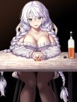  1girl :d avrora_(azur_lane) azur_lane bangs bare_shoulders black_background black_pantyhose blue_eyes bottle braid breasts cleavage commentary cup drinking_glass enchuu_kakiemon feet_out_of_frame highres large_breasts long_hair long_sleeves looking_at_viewer off-shoulder_sweater off_shoulder open_mouth pantyhose simple_background sitting smile solo stool sweater table twin_braids white_hair white_sweater 