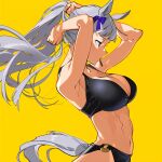  1girl adjusting_hair animal_ears bikini black_bikini blue_ribbon breasts ear_ribbon from_side gold_ship_(umamusume) grey_hair horse_ears horse_girl horse_tail kisaragi_shokuin large_breasts long_hair navel ponytail profile ribbon simple_background solo swimsuit tail umamusume yellow_background 