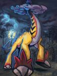  eyrri_art grey_sky highres lightning multicolored_fur no_humans outdoors pokemon pokemon_(creature) raging_bolt sky solo standing tree white_fur yellow_fur 
