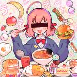  1girl :3 ahoge apple aruko_okara banana bangs bar_censor bird blue_cardigan blush_stickers bow bowtie burger cake cake_slice cardigan censored chopsticks collared_shirt curry drooling duck egg_(food) food french_fries fruit hair_between_eyes hair_bow hikimayu holding holding_chopsticks holding_food ice_cream identity_censor indie_virtual_youtuber long_sleeves low_twintails luna_11777 macaron mouth_drool multicolored_background noodles open_mouth pancake pancake_stack pink_hair ramen red_bow red_bowtie rice shirt short_eyebrows short_twintails skewer smile solo strawberry thick_eyebrows tokumei_radio twintails virtual_youtuber white_shirt 