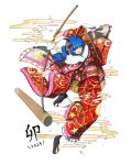  1girl 2023 animal_ears blue_hair blush chinese_zodiac earclip floral_print full_body fur-trimmed_kimono fur_trim highres holding japanese_clothes kimono kine long_hair long_sleeves mallet obi petals print_kimono rabbit_ears red_eyes red_kimono sash seiran_(touhou) shishi_osamu socks solo tabi touhou white_background white_socks wide_sleeves year_of_the_rabbit 