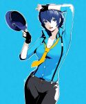  1girl black_gloves black_pants blue_background blue_eyes blue_hat blue_shirt breasts collared_shirt commentary cowboy_shot eightyfourart fingerless_gloves gloves hand_on_own_head hat highres holding holding_unworn_clothes holding_unworn_hat looking_at_viewer medium_breasts necktie open_mouth outline pants persona persona_4 shirogane_naoto shirt short_hair simple_background solo suspenders unworn_hat unworn_headwear white_outline yellow_necktie 