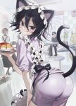  1girl 3boys :p absurdres apron ass black_hair blush cat_girl cat_tail chama_(chacoc0) danganronpa_(series) danganronpa_v3:_killing_harmony food frilled_apron frills hair_between_eyes highres holding holding_tray k1-b0 long_sleeves medium_hair multiple_boys oma_kokichi photo_(object) pink_shorts pink_sweater saihara_shuichi shiny_clothes shorts smile stool sweater table tail tojo_kirumi tongue tongue_out trap tray white_apron 