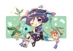  1boy animal_on_head aqua_cape aqua_gemstone aqua_kimono aqua_sleeves aranara_(genshin_impact) arm_at_side arm_support armor belt bird bird_on_head black_belt black_bodysuit black_bow black_bridal_gauntlets black_leggings black_sandals black_shorts blue_cape blue_hat blunt_ends blush bodysuit border bow bridal_gauntlets cape chibi covered_collarbone crossed_legs crystalfly_(genshin_impact) eyeliner eyeshadow feathers finch fingernails full_body gem genshin_impact gold gold_ring green_background hakama hakama_shorts hand_up hat highres japanese_armor japanese_clothes jingasa juban kimono kote kurokote layered_sleeves leg_warmers leggings makeup male_focus middle_ring musical_note notice_lines on_head one_eye_closed open_clothes open_hand open_kimono open_mouth pleated_shorts poe_www pom_pom_(clothes) purple_eyes purple_hair purple_rope purple_sash red_eyeliner red_eyeshadow rope sandals sash scaramouche_(genshin_impact) short_sleeves shorts shoulder_peek sitting stirrup_legwear tassel toeless_legwear toes two-sided_cape two-sided_fabric vision_(genshin_impact) vortex wanderer_(genshin_impact) white_border white_kimono white_leg_warmers white_sleeves white_trim wind wispy_bangs yellow_feathers zouri 