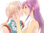 1boy 1girl ascot bare_arms bare_shoulders belt_buckle black_hair blonde_hair blue_eyes blue_vest buckle commentary_request couple eye_contact final_fantasy final_fantasy_ix from_side garnet_til_alexandros_xvii hand_on_another&#039;s_cheek hand_on_another&#039;s_face long_hair looking_at_another low_ponytail open_mouth parted_lips ponytail profile quichi_91 strapless twitter_username upper_body vest white_ascot white_background zidane_tribal 